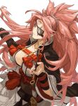  1girl amatuki armor baiken big_hair black_kimono breasts collarbone eyepatch facial_tattoo greaves guilty_gear guilty_gear_strive hair_ribbon highres jacket jacket_on_shoulders japanese_clothes kataginu kimono large_breasts multicolored_clothes multicolored_kimono one-eyed pink_hair ponytail red_eyes ribbon samurai sash scar scar_across_eye scar_on_face sheath sheathed tattoo white_kimono 