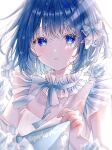  1girl bangs bare_arms blue_eyes blue_hair book bow choker cover cover_page drinkyog eyebrows_visible_through_hair flower hair_bow hair_ornament highres looking_at_viewer open_mouth original ribbon short_hair white_background white_choker white_flower 