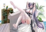  1girl absurdres armpits arms_behind_head august_von_parseval_(azur_lane) august_von_parseval_(the_conquered_unhulde)_(azur_lane) azur_lane between_breasts black_dress breasts center_opening couch cross-laced_dress curled_horns dress full_body fuying_sanbing hair_over_one_eye highres horns large_breasts long_hair looking_at_viewer mechanical_horns mouth_hold official_alternate_costume purple_hair sitting solo strap_between_breasts thigh-highs toes two-tone_dress very_long_hair violet_eyes white_dress white_garter_straps white_legwear 