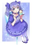  1girl absurdres bangs blue_dress blue_eyes blue_hair blue_ribbon collarbone commission dress food from_above hair_ribbon highres holding holding_food ice_cream ice_cream_cone kanpachi_(ill_knpch) licking_lips looking_up nijisanji pantyhose ribbon sitting skeb_commission smile solo tongue tongue_out twintails virtual_youtuber white_legwear yuuki_chihiro 