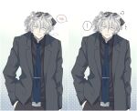  ! 1boy 1other animal_ears arknights bags_under_eyes bear_boy bear_ears before_and_after belt blush_stickers cowboy_shot daimondai4 formal frown gloves grey_eyes grey_hair headpat highres jaye_(arknights) male_focus necktie simple_background sleepy smile solo_focus suit tired 