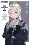  1girl absurdres an-94 an-94_(girls&#039;_frontline) assault_rifle bangs black_gloves blonde_hair blue_eyes character_name closed_mouth defy_(girls&#039;_frontline) english_text eyebrows_visible_through_hair girls_frontline gloves gun hairband highres holding holding_gun holding_weapon long_hair looking_at_viewer mod3_(girls&#039;_frontline) ponytail rifle simple_background solo standing tactical_clothes tigger_drawing upper_body weapon 