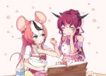  2girls :t ^_^ alternate_costume animal_ear_fluff animal_ears apron artist_name baking bare_shoulders black_hair black_nails blue_eyes book bow bowl closed_eyes commentary cooking dough eating eggshell english_commentary food food_on_face fruit hair_ribbon hakos_baelz hand_on_own_chest highres hololive hololive_english horns irys_(hololive) long_hair looking_at_another milk_carton mixing_bowl mouse mouse_ears mouse_girl mouse_tail mr._squeaks_(hakos_baelz) multicolored_hair multiple_girls multiple_horns nail_polish namii_(namialus_m) open_book pink_bow pink_nails pointy_ears redhead ribbon simple_background sleeves_rolled_up smile strawberry streaked_hair tail virtual_youtuber whisk white_hair white_ribbon 