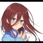  aizato bad_id bad_pixiv_id blue_eyes blush brown_hair eyebrows_visible_through_hair eyes_visible_through_hair go-toubun_no_hanayome headphones headphones_around_neck letterboxed long_hair nakano_miku own_hands_together sweater white_background 