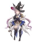  1girl character_request dress flat_chest gran_saga hair_between_eyes hat highres long_hair looking_at_viewer low_twintails open_mouth puffy_sleeves purple_hair red_eyes riesun simple_background solo standing standing_on_one_leg thigh-highs twintails white_background witch_hat 