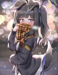  1girl alternate_costume animal_ears bangs black_hair black_jacket blue_archive blue_ribbon blurry blush bokeh brown_scarf commentary_request depth_of_field dog_ears dog_girl dog_tail dress eyebrows_visible_through_hair hair_ribbon halo hibiki_(blue_archive) jacket long_hair long_sleeves looking_at_viewer multicolored_hair ribbon scarf solo tail tail_wagging two_side_up ushimittsu violet_eyes white_dress white_hair 