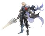  1boy absurdres arm_at_side armor armored_boots blonde_hair boots character_request fantasy gran_saga grey_eyes hand_up highres holding holding_sword holding_weapon metal riesun simple_background solo standing sword weapon white_background 