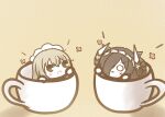  2girls :3 august_von_parseval_(azur_lane) azur_lane black_hair cup curled_horns flower hair_between_eyes hair_over_one_eye hermione_(azur_lane) horns in_container in_cup koti long_hair maid_headdress mechanical_horns multiple_girls simple_background yellow_background 