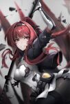 1girl absurdres bangs breasts eyebrows_visible_through_hair hair_tie highres holding holding_weapon long_hair looking_at_another mcoco7 medium_breasts punishing:_gray_raven red_eyes redhead smile thighs vera_(punishing:_gray_raven) weapon 