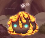  blue_eyes commentary_request dated full_body glowing glowing_eyes looking_at_viewer magmaring molten_rock no_humans no_mouth ragnarok_online rouko_(shichizai_shichifuku) simple_background slime_(creature) smoke 
