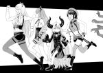  4girls :d animal_ear_fluff animal_ears bangs bare_arms bare_shoulders belt beret boots bubble_blowing chewing_gum collar commentary fang fleeing from_side greyscale hair_between_eyes hair_ornament hairclip hands hat highres hololive horns la+_darknesss lion_ears lion_girl lion_tail long_hair long_sleeves looking_back metal_collar midriff monochrome multiple_girls navel noise_(tsuzuki) o-ring o_o off_shoulder oozora_subaru open_mouth pantyhose pointy_ears rectangular_mouth running scared shirt shishiro_botan short_hair short_shorts shorts sleeveless sleeveless_shirt sleeves_past_fingers sleeves_past_wrists smile socks suspenders tail thigh-highs thigh_strap tokoyami_towa very_long_hair very_long_sleeves virtual_youtuber 