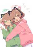  2girls bangs blue_archive bow cat_ear_headphones green_bow green_eyes green_hoodie hair_bow hair_ornament halo headphones highres hood hoodie midori_(blue_archive) momoi_(blue_archive) multiple_girls orange_hair pink_bow pink_eyes pink_hoodie siblings simple_background todatanoto twins v white_background 