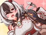  1girl black_hair blush braid braided_ponytail breasts chest_jewel crossette_(xenoblade) eyebrows eyebrows_visible_through_hair horns jksfs medium_breasts multicolored_hair open_mouth pointy_ears red_eyes solo white_hair xenoblade_chronicles_(series) xenoblade_chronicles_2 