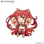  1girl animal_ears bangs blush breasts cerberus_(shingeki_no_bahamut) chibi dog_ears elbow_gloves fang gauntlets gloves granblue_fantasy hand_puppet long_hair medium_breasts navel official_art one_eye_closed open_mouth panties puppet red_eyes redhead ribbon side-tie_panties smile solo thigh-highs twintails underwear very_long_hair 