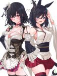  2girls animal_ears black_hair black_legwear blouse blue_eyes breasts commentary_request common_race_outfit_(umamusume) cosplay costume_switch cowboy_shot crossover detached_sleeves dirndl dress eishin_flash_(umamusume) eishin_flash_(umamusume)_(cosplay) german_clothes hair_ornament horse_ears horse_girl horse_tail kantai_collection large_breasts look-alike multiple_girls pleated_dress red_eyes red_skirt short_hair simple_background skirt tail thigh-highs umamusume white_background white_blouse wide_sleeves yamashiro_(kancolle) yamashiro_(kancolle)_(cosplay) youmou_usagi 