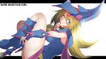  1girl bangs bare_shoulders blonde_hair blue_eyes blue_footwear blush boots breasts dark_magician_girl duel_monster hair_between_eyes hat highres holding holding_wand kijoakuma long_hair looking_at_viewer off_shoulder smile solo thighs wand wizard_hat yu-gi-oh! yu-gi-oh!_duel_monsters yuu-gi-ou yuu-gi-ou_duel_monsters 