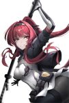  1girl absurdres bangs breasts eyebrows_visible_through_hair hair_tie highres holding holding_weapon long_hair looking_at_another mcoco7 medium_breasts punishing:_gray_raven red_eyes redhead simple_background smile thighs vera_(punishing:_gray_raven) weapon white_background 