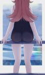  1girl absurdres ass ass_focus from_behind head_out_of_frame highres idolmaster idolmaster_shiny_colors komiya_kaho niggy_(niggy138) outside_border pool redhead school_swimsuit sitting swimsuit water_drop wet wet_clothes wet_swimsuit 
