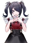 1girl absurdres ame-chan_(needy_girl_overdose) bangs black_hair black_nails black_skirt hair_ornament hair_over_one_eye high-waist_skirt highres looking_at_viewer multicolored_nails nagata_gata nail_polish needy_girl_overdose own_hands_together parted_lips red_nails red_shirt shirt simple_background skirt solo standing suspender_skirt suspenders twintails violet_eyes white_background x_hair_ornament 