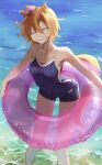  1girl aminichan animal_ears bangs bare_shoulders blue_swimsuit breasts closed_eyes collarbone crown ear_piercing facing_viewer feet_out_of_frame highres holding holding_innertube horse_ears horse_girl horse_tail innertube leaning_forward mini_crown nontraditional_school_swimsuit open_mouth orange_hair outdoors piercing school_swimsuit short_hair small_breasts smile solo standing swimsuit t.m._opera_o_(umamusume) tail teeth umamusume v-shaped_eyebrows water waves 