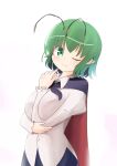  1girl ;) adda antennae arm_between_breasts bangs between_breasts black_cape breasts cape closed_mouth eyebrows_visible_through_hair green_eyes green_hair highres large_breasts long_sleeves looking_at_viewer one_eye_closed pointy_ears shirt short_hair simple_background smile solo touhou upper_body white_background white_shirt wriggle_nightbug 