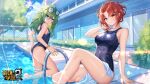 2girls bangs benghuai_xueyuan blue_sky blue_swimsuit breasts building closed_mouth clouds cloudy_sky eyewear_on_head glasses green_eyes green_hair highres honkai_(series) honkai_impact_3rd looking_at_viewer looking_to_the_side multiple_girls murata_himeko official_art on_floor one-piece_swimsuit open_mouth outdoors pool poolside redhead school_swimsuit sitting sky smile swimsuit third-party_source towel tree water yellow_eyes yssring_leavtruth 