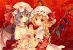  2girls bat_wings blonde_hair blue_hair bow commentary_request flandre_scarlet hat hat_bow holding_hands interlocked_fingers multiple_girls painting_(medium) photoshop_(medium) red_eyes remilia_scarlet revision shiroma_(mamiko) siblings sisters touhou traditional_media watercolor_(medium) wings wrist_cuffs 