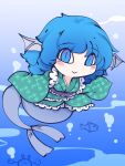 1girl :&gt; bangs blue_eyes blue_hair bubble chibi closed_mouth crab fish fried_rice0614 full_body green_kimono head_fins highres japanese_clothes kimono looking_at_viewer mermaid monster_girl one-hour_drawing_challenge short_hair smile touhou underwater wakasagihime wide_sleeves