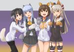  4girls amatsukaze_(kancolle) animal_ears animal_hands beaver_ears black_hair black_legwear blue_hair blue_sailor_collar bow bowtie brown_dress brown_eyes brown_hair cat_ears cat_tail commentary_request cowboy_shot dog_ears dog_tail dress dress_shirt garter_straps gloves green_eyes grey_neckerchief grey_skirt grey_vest hair_tubes hatsukaze_(kancolle) highres hime_cut kantai_collection long_hair long_sleeves multiple_girls neckerchief open_mouth pantyhose paw_gloves pleated_skirt red_legwear round_teeth sailor_collar sailor_dress shirt short_dress short_hair short_hair_with_long_locks sidelocks silver_hair skirt smokestack_hair_ornament striped striped_legwear tail teeth thigh-highs tokitsukaze_(kancolle) two_side_up upper_teeth vest white_dress white_sailor_collar windsock yellow_bow yellow_bowtie yellow_neckerchief yukikaze_(kancolle) yuushou 