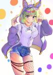  1girl absurdres ahoge animal_ears aqua_eyes bow breasts c_(theta) feet_out_of_frame fishnets green_hair grin hair_bow hands_up highres idolmaster idolmaster_million_live! jacket large_breasts looking_at_viewer open_clothes open_jacket shimabara_elena shirt short_hair short_shorts shorts smile solo standing thigh-highs thigh_strap 