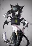  1boy animal_ears black_hair bracelet cat_boy cat_ears cat_tail choker collar crop_top ear_piercing evilcolours fishnets gloves gothic green_eyes highres indie_virtual_youtuber jewelry khaz_hollows official_art one_eye_covered piercing short_shorts shorts spiked_bracelet spiked_collar spikes star_(symbol) tail tattoo virtual_youtuber 