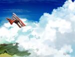  aircraft airplane artist_name biplane blue_sky clouds commentary_request day midair original outdoors scenery signature sky waisshu_(sougyokyuu) 