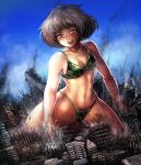  1girl bikini black_hair blush day destruction giant giantess green_bikini pixiv smoke swimsuit yilx 