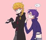  2boys ? adjusting_clothes adjusting_gloves black_gloves blonde_hair blue_eyes braid finger_to_mouth freckles giorno_giovanna gloves height_difference jojo_no_kimyou_na_bouken long_coat male_focus multiple_boys pointing pointing_at_self purple_hair ribbed_sweater sempon_(doppio_note) sweatdrop sweater turtleneck vento_aureo vinegar_doppio wing_ornament yellow_eyes 