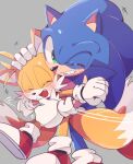  2boys :d blush closed_eyes fang fox_boy friends furry furry_male gloves green_eyes grey_background grin male_focus misuta710 multiple_boys multiple_tails one_eye_closed open_mouth simple_background smile sonic_(series) sonic_the_hedgehog symbol-only_commentary tail tails_(sonic) two_tails white_gloves 