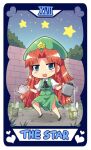  1girl bangs beret blush chinese_clothes colonel_aki commentary_request flats full_body gold_trim hat hat_ornament hong_meiling long_hair night outdoors pouring redhead roman_numeral side_slit solo sparkle standing star_(sky) star_(symbol) star_hat_ornament the_star_(tarot) touhou 