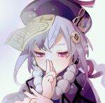  1girl absurdres bead_necklace beads black_nails commentary covered_mouth genshin_impact hands_up hat highres jacket jewelry long_hair looking_down necklace ofuda pink_eyes praying purple_hair purple_headwear purple_jacket qing_guanmao qiqi_(genshin_impact) rippajun solo upper_body 