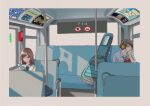 1boy 1girl absurdres bag black_hair book brown_hair bus_interior closed_mouth friends headphones highres holding holding_book looking_to_the_side macaronk necktie original shirt sitting 