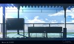  artist_name blue_sky blue_theme chain-link_fence chair clouds commentary_request dated day english_text fence letterboxed light_rays no_humans original overhead_line scenery sign signature sky sunlight train_station train_station_platform waisshu_(sougyokyuu) 