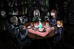  3girls book bookshelf brown_hair cake commentary_request dark death_(entity) deel_(rkeg) food highres indoors kagari_atsuko light little_witch_academia long_sleeves lotte_jansson multiple_girls orange_hair photoshop_(medium) revision shadow short_hair sitting skeleton skull sucy_manbavaran sweater table talking tea_party teapot 