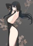  1girl armpits arms_behind_head arms_up black_dress black_hair breasts dress hayabusa highres large_breasts long_hair looking_at_viewer original sideboob solo thighs violet_eyes 