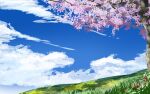  blue_sky cherry_blossoms clouds commentary_request day flower grass no_humans original outdoors partial_commentary pink_flower red_flower scenery sky tagme tree waisshu_(sougyokyuu) 