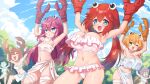  &gt;_&lt; 6+girls :d :o ^_^ arm_up arthropod_girl bandaged_arm bandaged_leg bandages bikini blue_eyes blush blush_stickers breasts brown_hair choker claws closed_eyes clouds commentary crab_girl crab_rave_(meme) english_commentary fang frilled_bikini frills green_eyes hands_up highres large_breasts meme midriff multiple_girls navel original outdoors personification purple_hair rayno redhead sarong scarf side-tie_bikini small_breasts smile strapless strapless_bikini sweat swimsuit thigh_gap tree twintails upper_body white_bikini white_sarong 