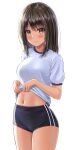  1girl black_buruma black_hair bloom blush breasts brown_eyes buruma closed_mouth clothes_lift cowboy_shot eyebrows_visible_through_hair gym_uniform hair_between_eyes highres light_smile linea_alba long_hair looking_at_viewer medium_breasts navel original shirt shirt_lift short_sleeves sidelocks simple_background smile thighs tsurime white_background white_shirt yukemuriganmo 