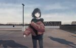 1girl bangs black_hair black_legwear black_shirt black_skirt blunt_bangs building cityscape clouds cloudy_sky day down_jacket expressionless feet_out_of_frame grey_eyes jacket kgt_(pixiv12957613) lamppost looking_at_viewer off_shoulder on_roof open_clothes open_jacket open_mouth original outdoors parking_lot red_jacket rooftop scenery shadow shirt skirt sky sleeves_past_wrists solo standing sunlight 