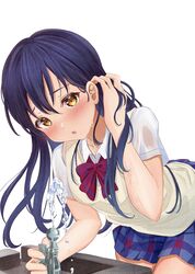  1girl absurdres adjusting_hair bangs blue_hair blue_skirt blush bow bowtie commentary_request dress_shirt hair_tucking hand_in_hair highres leaning_forward long_hair looking_at_viewer love_live! love_live!_school_idol_project open_mouth otonokizaka_school_uniform plaid plaid_skirt pleated_skirt red_neckwear school_uniform shirt short_sleeves simple_background skirt solo sonoda_umi standing summer_uniform sweater_vest swept_bangs white_background white_shirt yellow_eyes 