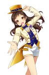 1girl :d bare_legs blue_bow blue_bowtie blue_vest bow bowtie brown_hair dress_shirt floating_hair hat headset holding holding_clothes holding_hat idolmaster idolmaster_million_live! jacket kitazawa_shiho long_hair long_sleeves looking_at_viewer microphone open_clothes open_jacket outstretched_hand print_bow print_bowtie reaching_out shiny shiny_hair shirt short_shorts shorts simple_background smile solo standing touon vest white_background white_jacket white_shirt white_shorts yellow_eyes yellow_headwear 