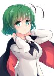  1girl adda antennae bangs cape closed_mouth collared_shirt eyebrows_visible_through_hair green_eyes green_hair highres long_sleeves looking_at_viewer one-hour_drawing_challenge shirt short_hair simple_background smile solo touhou upper_body white_background white_cape white_shirt wriggle_nightbug 