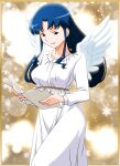  1990s_(style) 1girl bangs blue_eyes blue_hair cowboy_shot dress feathered_wings fujiwara_aya holding holding_paper long_hair long_sleeves non-web_source official_art open_mouth paper retro_artstyle snowflake_background solo super_real_mahjong tanaka_ryou white_dress white_wings wings 