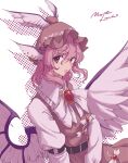  1girl absurdres animal_ears bangs belt bird_wings brown_dress dress earrings eyebrows_visible_through_hair feathered_wings frills hat highres jewelry long_sleeves mob_cap mystia_lorelei pink_eyes pink_hair short_hair single_earring sleeve_garter stank touhou white_wings winged_hat wings 